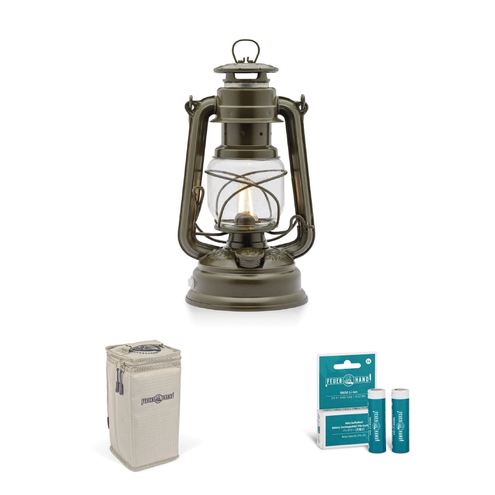 Pack_Lampe Tempête LED Baby Special 276_Olive_Piles_Sac_FEUERHAND