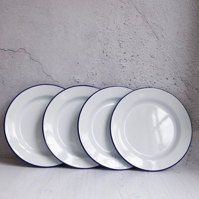 Assiettes émaillées-Set de 4-blanc liseré bleu-FALCON_4
