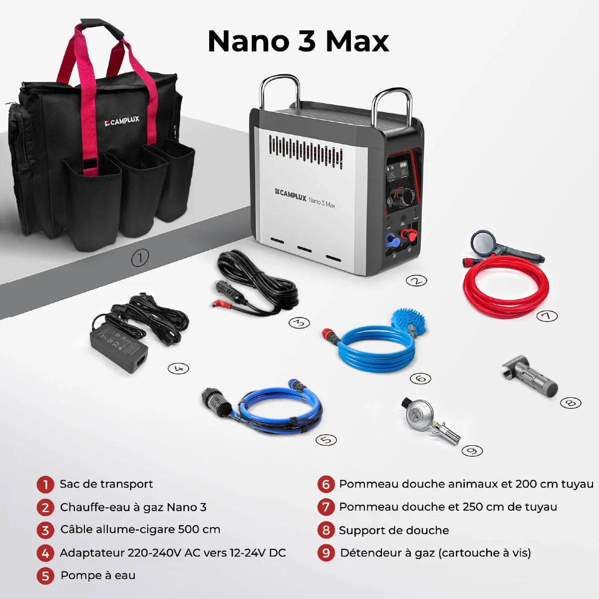 Camplux_Douche_portable_chauffante_Nano 3 MAX_Accessoires
